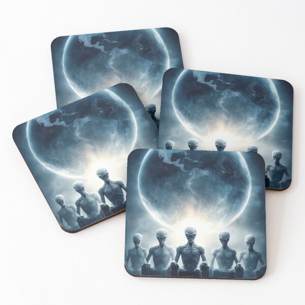 Item preview, Five grey aliens sitting in a row before planet Earth. designed and sold by Piotrek0001.