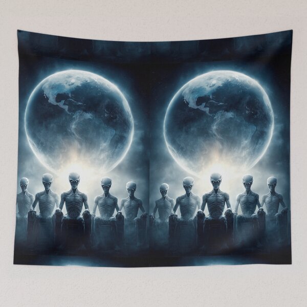 Item preview, Five grey aliens sitting in a row before planet Earth. designed and sold by Piotrek0001.