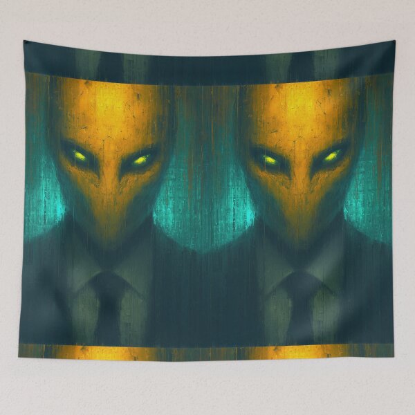 Item preview, Alien in a suit with glowing eyes on rainy background. designed and sold by Piotrek0001.