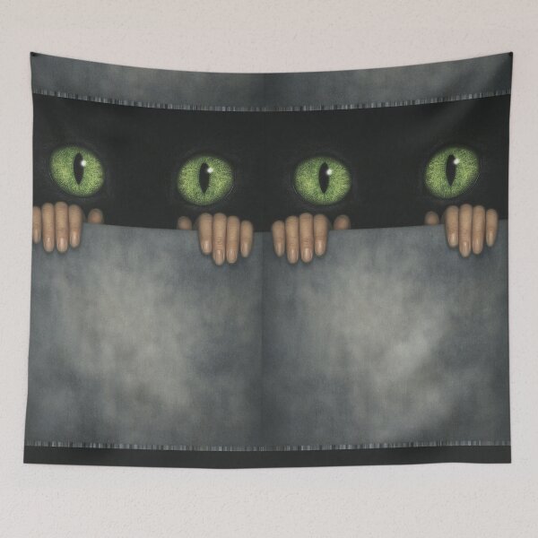 Item preview, Creepy green cat eyes and human hands emerging from darkness. designed and sold by Piotrek0001.