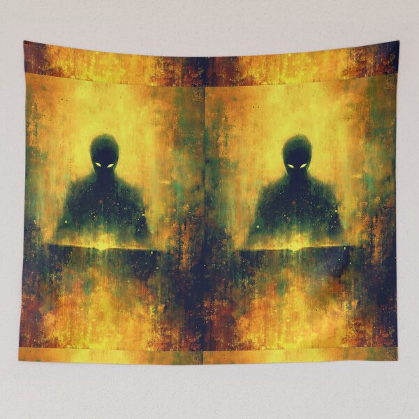 Item preview, Alien silhouette with book on a fiery abstract orange background. designed and sold by Piotrek0001.