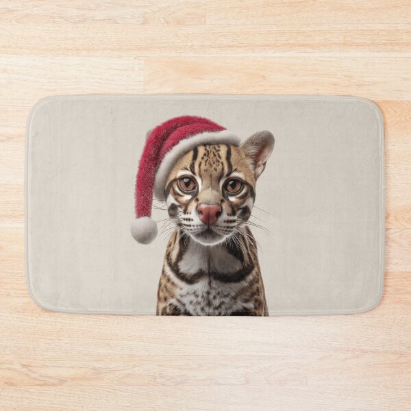 Item preview, Ocelot cat with Christmas Hat – Festive Ocelot Xmas Design designed and sold by LazyOwlStore.