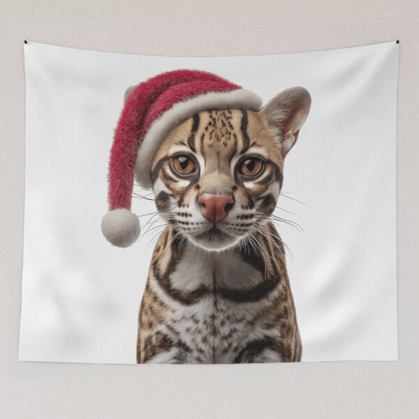 Item preview, Ocelot cat with Christmas Hat – Festive Ocelot Xmas Design designed and sold by LazyOwlStore.