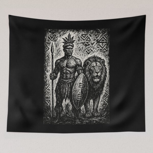 Item preview, Zulu Shield - African traditional warrior and lion designed and sold by DamioPolArt.