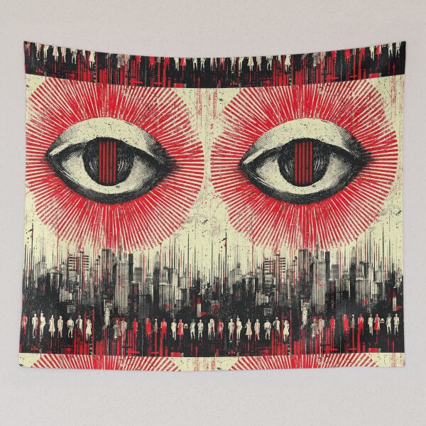 Item preview, Abstract eye with rays watching people against a city skyline. designed and sold by Piotrek0001.