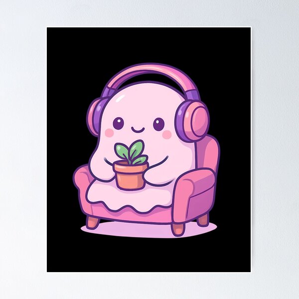 Item preview, Cute Pink Ghost with Headphones and Plant Sticker - Kawaii Chill Vibes Design designed and sold by FestivityFinds.