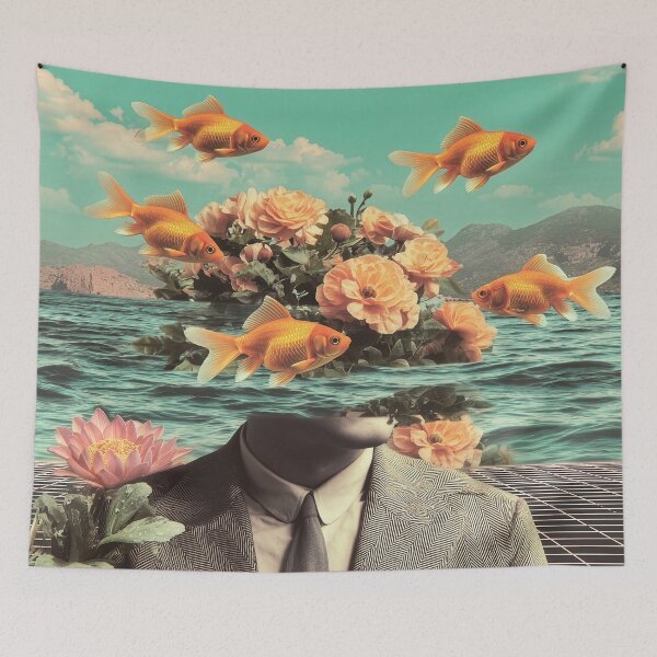 Item preview, Surreal Portrait With Goldfish Flowers And Ocean Background designed and sold by Jirka Svetlik, Studio Illuvision.