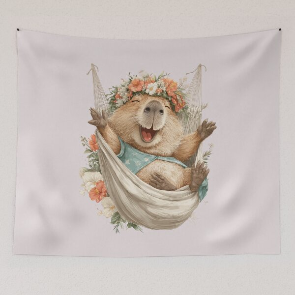 Item preview, Capybara in hammock with flower wreath – Funny cartoon animal motif designed and sold by Meiersbeste.