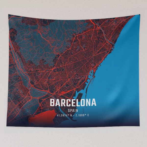 Item preview, Barcelona Red & Blue Minimalist Map designed and sold by HomeLivingCo.