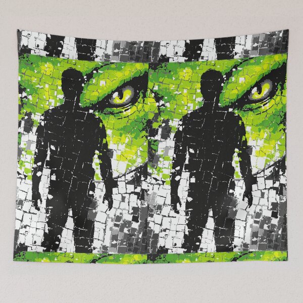 Item preview, Man's silhouette against a strange reptilian eye mosaic background. designed and sold by Piotrek0001.