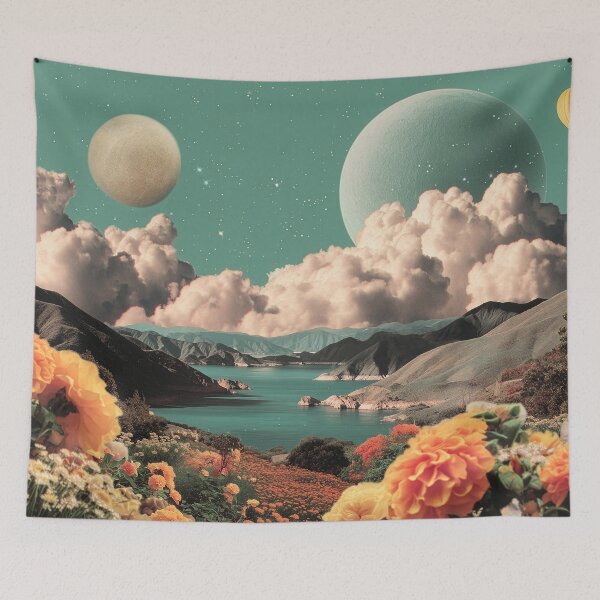 Item preview, Surreal Mountain Landscape with Planets, Clouds, and Floral Foreground designed and sold by Jirka Svetlik, Studio Illuvision.