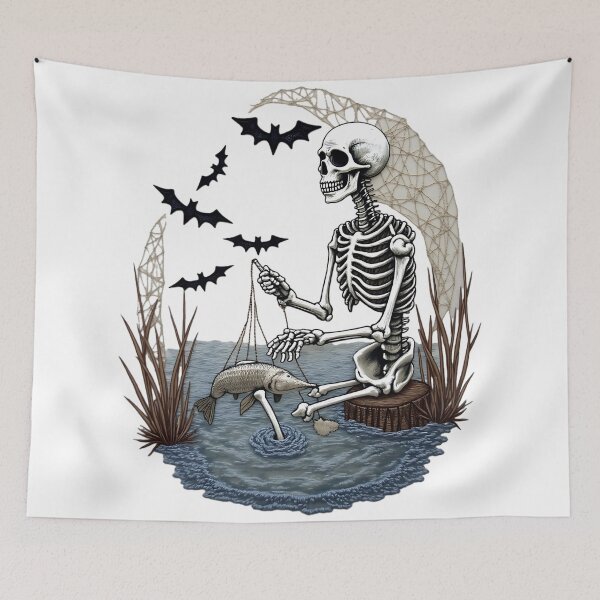Item preview, Skeleton Sitting and Fishing with Bats at Pond designed and sold by ArtDesignTp.