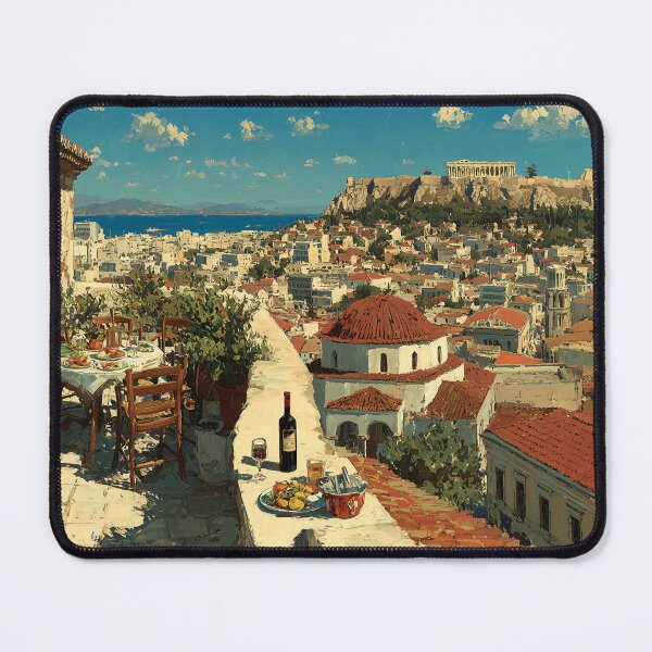 Item preview, Athens Rooftop Terrace with Acropolis View – Mediterranean Cityscape Art designed and sold by eyeconart.