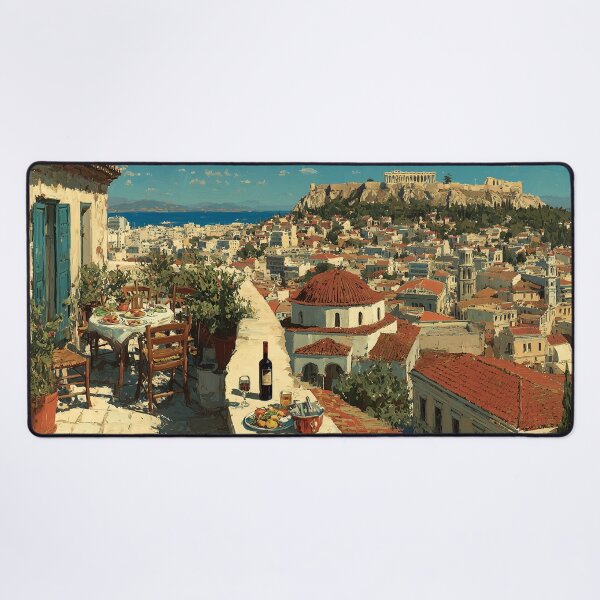 Item preview, Athens Rooftop Terrace with Acropolis View – Mediterranean Cityscape Art designed and sold by eyeconart.