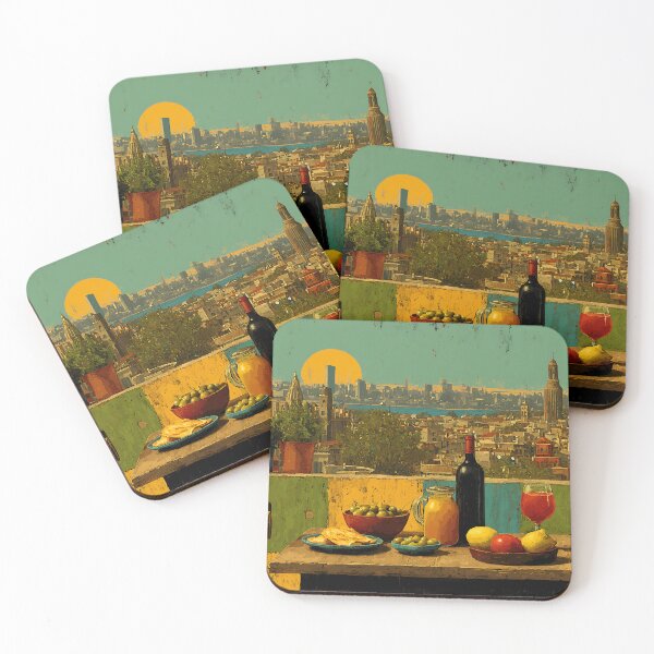 Item preview, Barcelona Sunset Balcony Dining Scene – Mediterranean Lifestyle Artwork designed and sold by eyeconart.