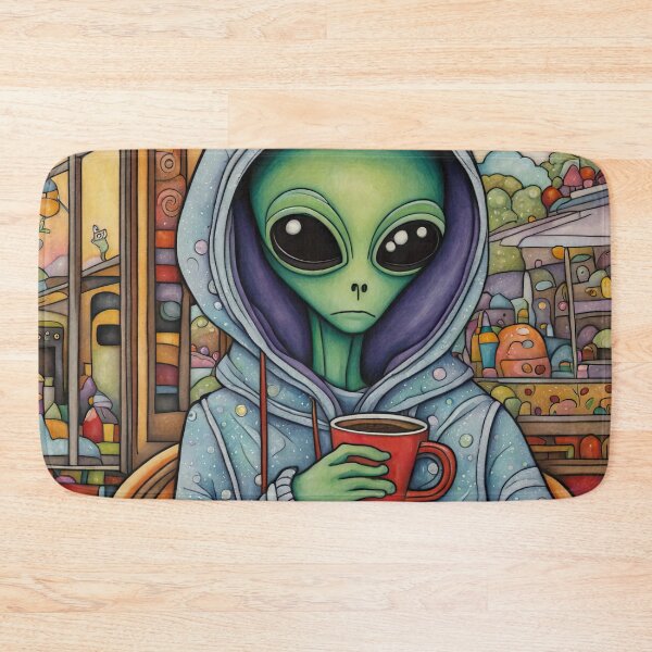 Item preview, Alien drinking coffee in a coffee shop designed and sold by Colin Bentham.