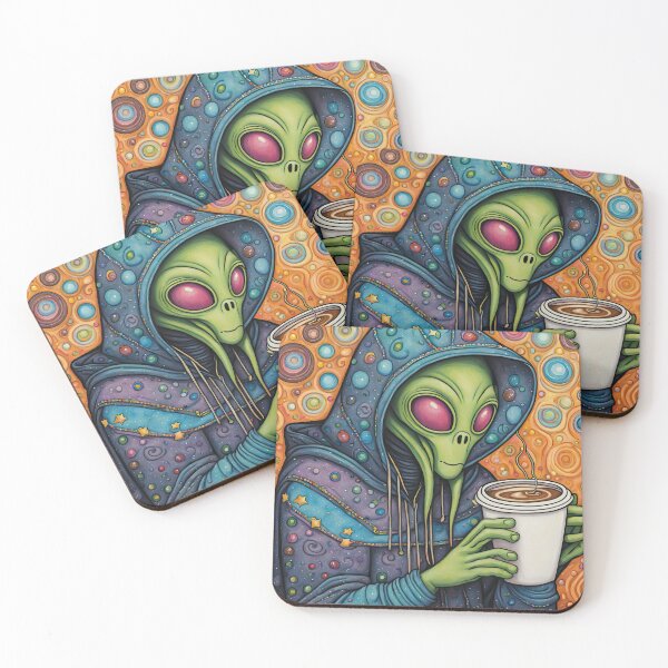 Item preview, Alien drinking coffee in a coffee shop designed and sold by Colin Bentham.