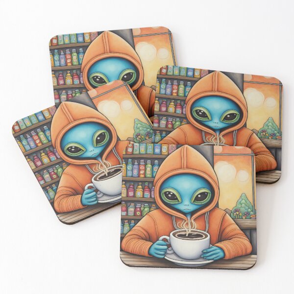 Item preview, Alien drinking coffee in a coffee shop designed and sold by Colin Bentham.