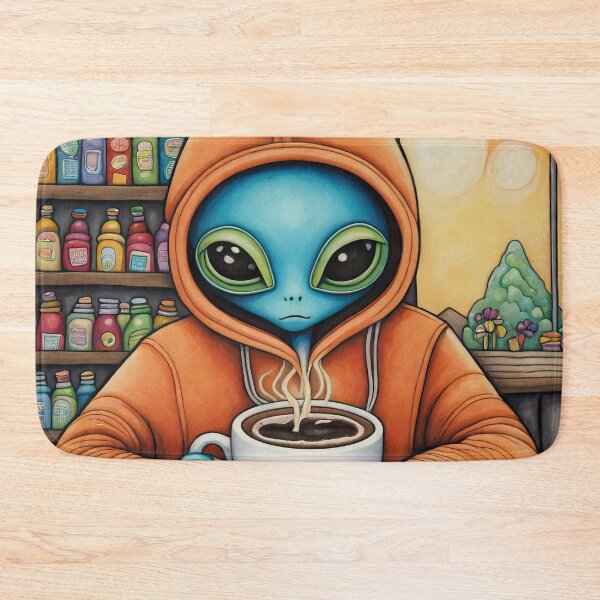 Item preview, Alien drinking coffee in a coffee shop designed and sold by Colin Bentham.
