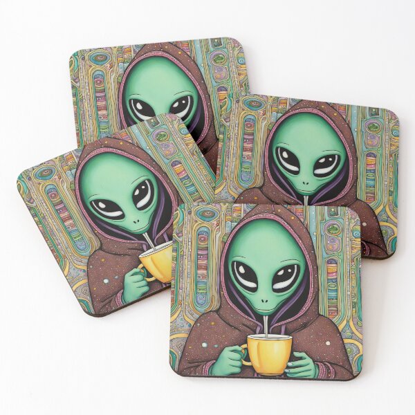 Item preview, Alien drinking coffee in a coffee shop designed and sold by Colin Bentham.