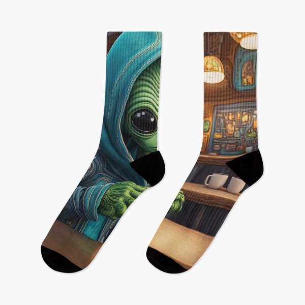 Item preview, Alien drinking coffee in a coffee shop designed and sold by Colin Bentham.