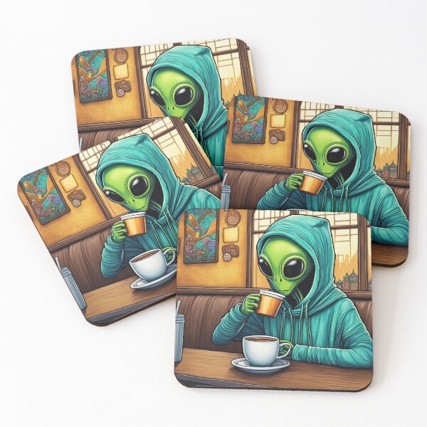 Item preview, Alien drinking coffee in a coffee shop designed and sold by Colin Bentham.