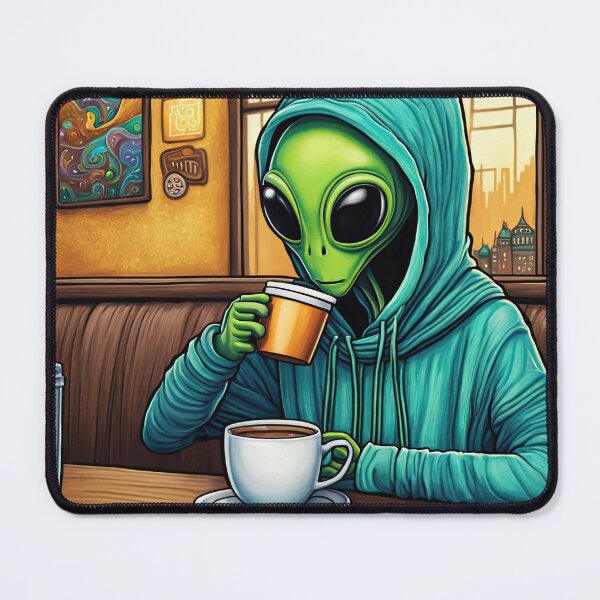 Item preview, Alien drinking coffee in a coffee shop designed and sold by Colin Bentham.