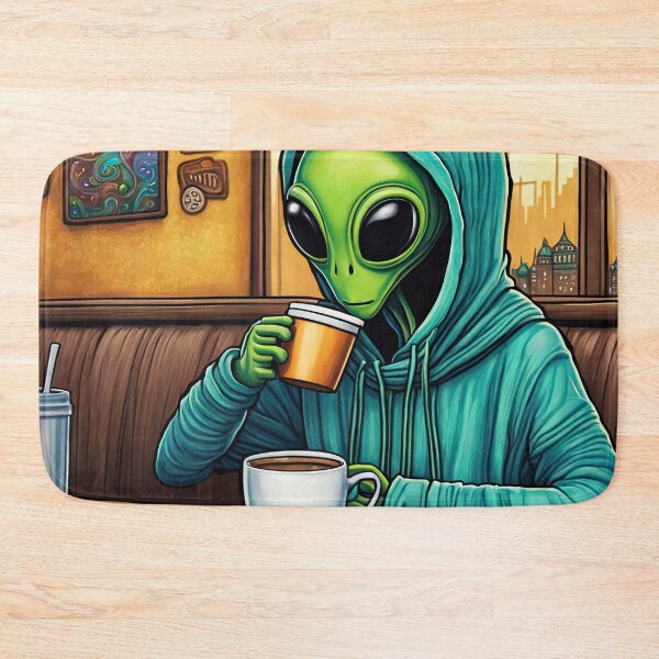 Item preview, Alien drinking coffee in a coffee shop designed and sold by Colin Bentham.