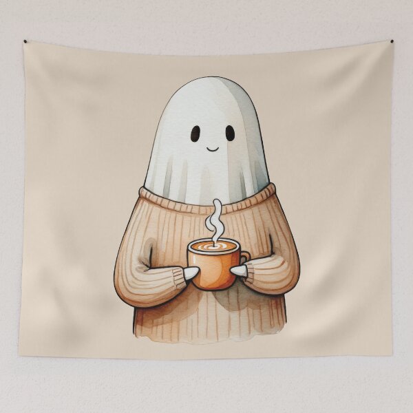 Item preview, Cozy Ghost with Coffee | Cute Halloween Autumn Art designed and sold by Ombrya.