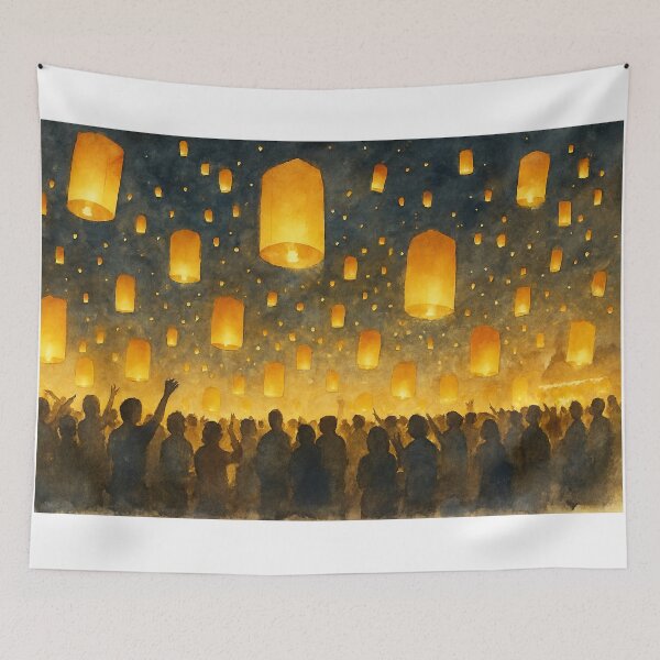 Item preview, Lantern Night — Yi Peng Sky Lantern Festival (Watercolor, Horizontal) designed and sold by LaiThaiPatterns.