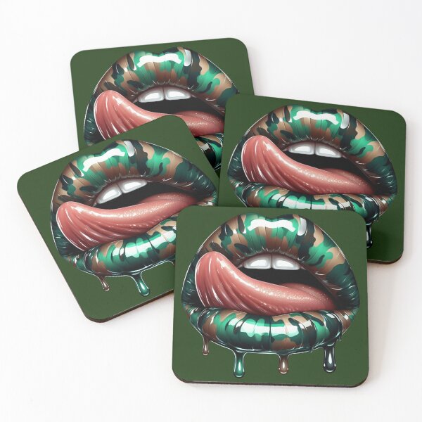 Item preview, Bold Camo Lips with Tongue – Glossy Dripping Lip Art designed and sold by Margival.