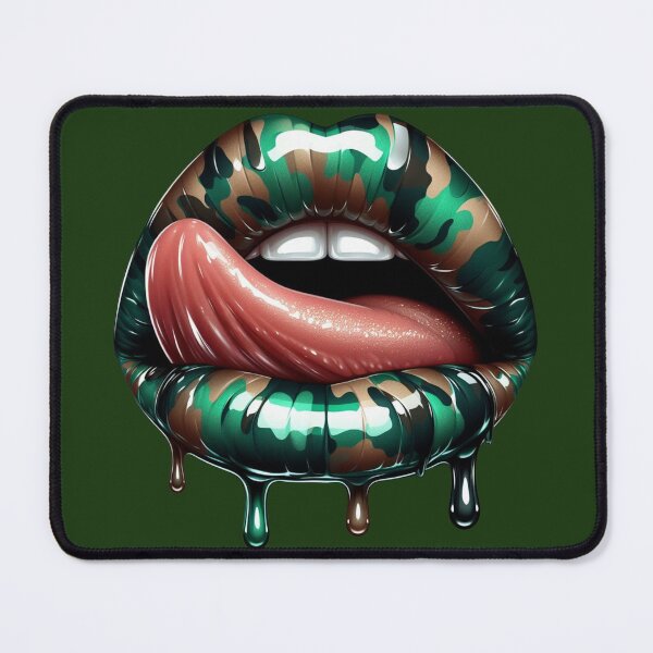 Item preview, Bold Camo Lips with Tongue – Glossy Dripping Lip Art designed and sold by Margival.