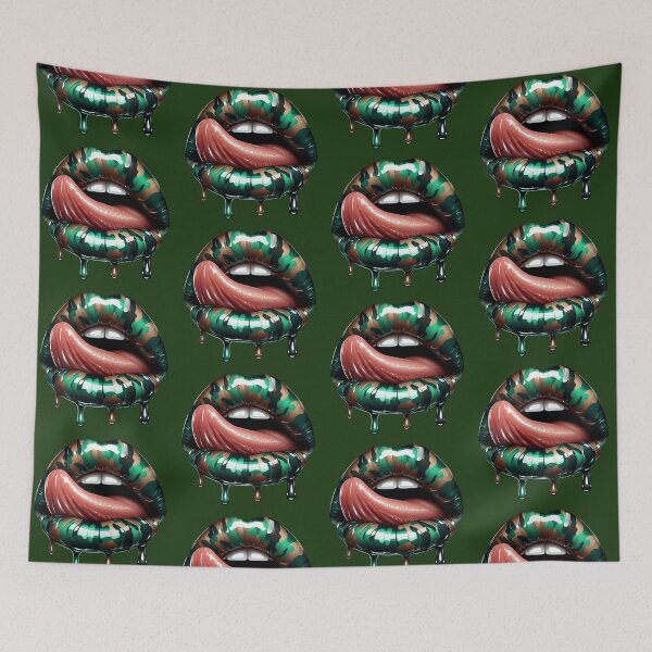 Item preview, Bold Camo Lips with Tongue – Glossy Dripping Lip Art designed and sold by Margival.