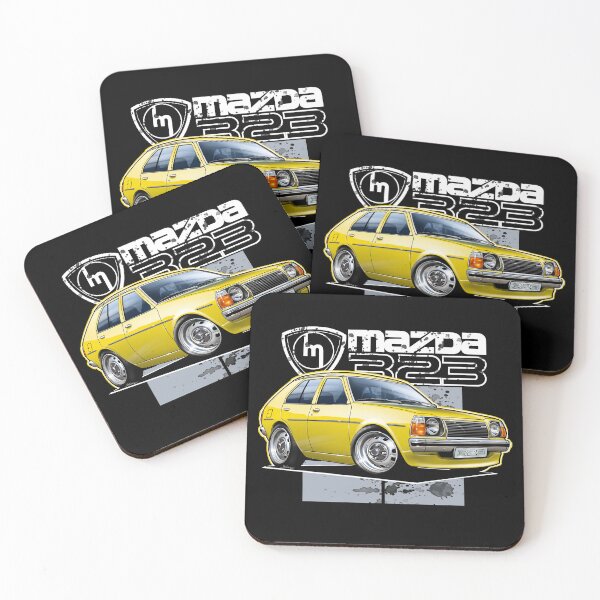 Item preview, Mazda 323 RWD Yellow Hatchback Illustration (Dark Background) designed and sold by Petrolhead T-Shirts and Art.