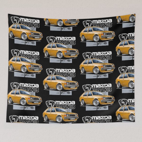 Item preview, Mazda 323 RWD Orange Hatchback Illustration (Dark Background) designed and sold by Petrolhead T-Shirts and Art.