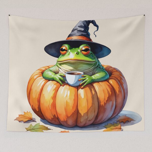 Item preview, Witch Frog in Pumpkin with Coffee | Cute Halloween Autumn Art designed and sold by Ombrya.