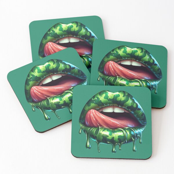 Item preview, Green Camo Lips with Tongue – Glossy Dripping Lip Art designed and sold by Margival.