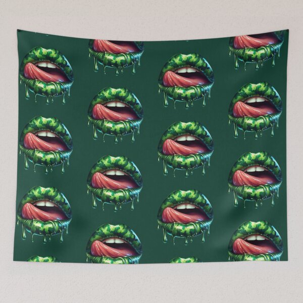Item preview, Green Camo Lips with Tongue – Glossy Dripping Lip Art designed and sold by Margival.