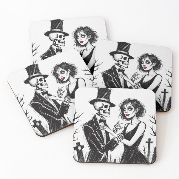 Item preview,  Fancy dapper Skeleton man rotting in the night next to a sexy vampire girl cool horror art designed and sold by Vintage Designs +.