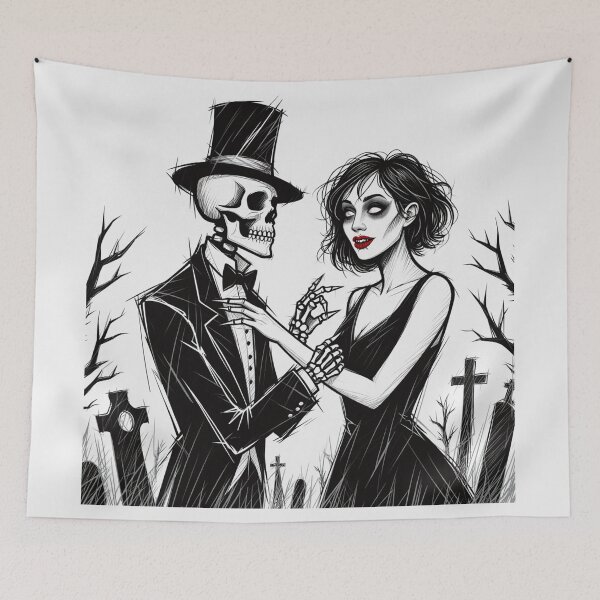 Item preview,  Fancy dapper Skeleton man rotting in the night next to a sexy vampire girl cool horror art designed and sold by Vintage Designs +.