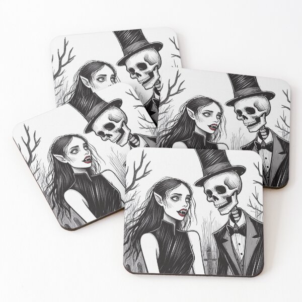 Item preview, Fancy dapper Skeleton man rotting in the night next to a sexy vampire girl cool horror art designed and sold by Vintage Designs +.