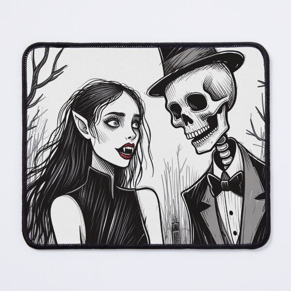 Item preview, Fancy dapper Skeleton man rotting in the night next to a sexy vampire girl cool horror art designed and sold by Vintage Designs +.