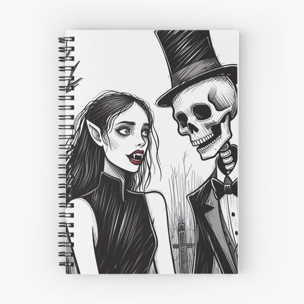 Item preview, Fancy dapper Skeleton man rotting in the night next to a sexy vampire girl cool horror art designed and sold by Vintage Designs +.