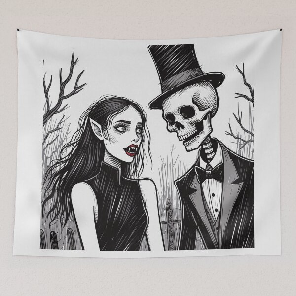 Item preview, Fancy dapper Skeleton man rotting in the night next to a sexy vampire girl cool horror art designed and sold by Vintage Designs +.