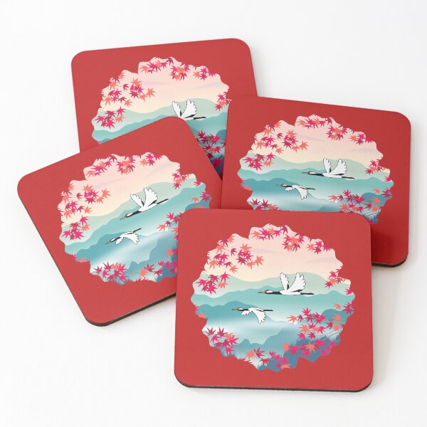 Item preview, Korean Autumn – Red-crowned cranes with leaf-shaped frames and maple leaves designed and sold by mycreastyle.