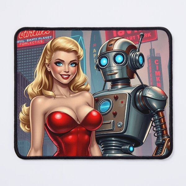 Artikelvorschau, Retro 50er Jahre Stil Sci-Fi Blondine mit einem Roboter entworfen und verkauft von Henrybubbles400.