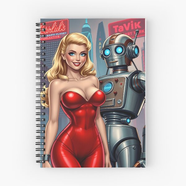 Aperçu de l'œuvre Blonde de science-fiction rétro des années 50 avec un robot créée et vendue par Henrybubbles400.