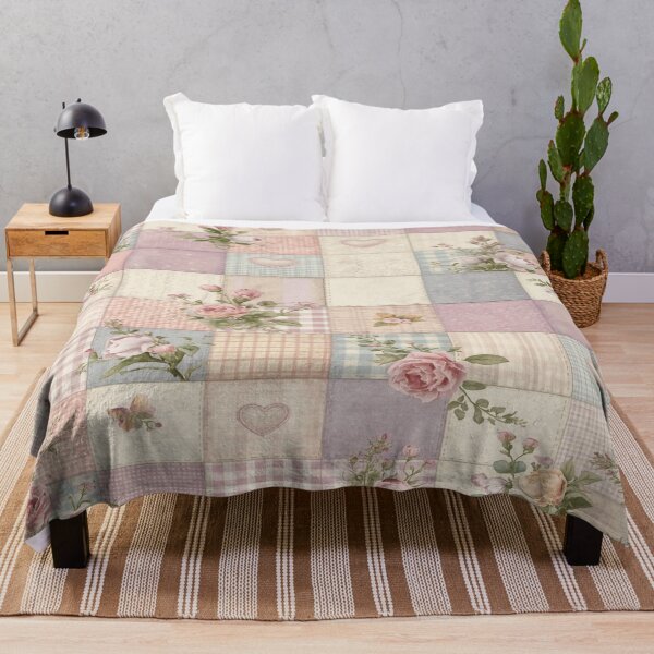 Item preview, Christian Shabby Chic Floral Patchwork – Vintage Roses Quilt inspired by a Bible verse The joy of the Lord is my strength.” – Nehemiah 8:10 designed and sold by AmenAlways.