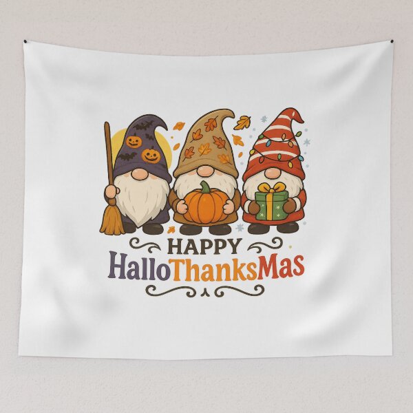Item preview, Happy HalloThanksMas Gnome Trio – Halloween Thanksgiving Christmas Holiday Design designed and sold by DailyDrivesct.