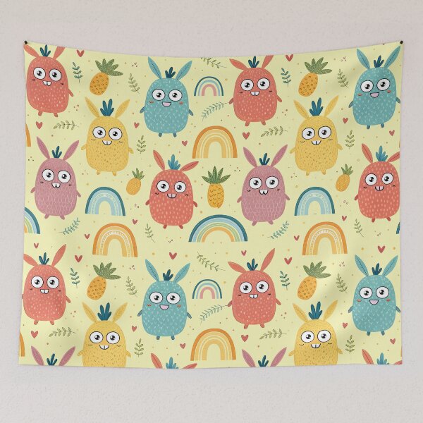 Item preview, Cheerful background, pastel colors, bunnies, pineapples, stars,  pastel background, endless background, pattern designed and sold by orthodox-icon.